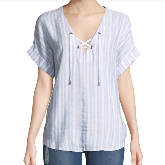 Like new Rails Jeri Linen Blend Blue & White Stripe Top - Picture 8 of 15